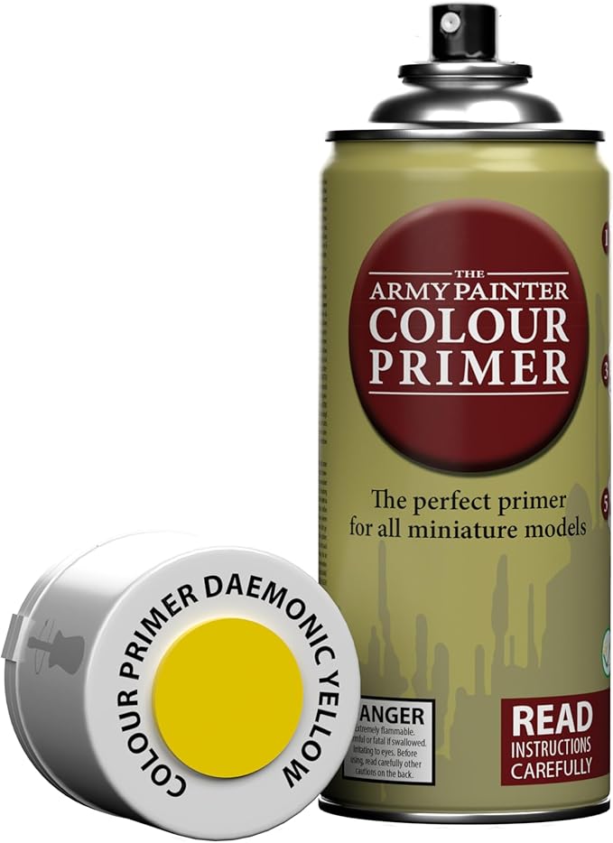 The Army Painter Colour Primer Daemonic Yellow, 400 mL Acrylic Spray Primer, Spray Paint Basecoat for Miniature Priming, Tabletop Roleplaying, Boardgames, and Wargames Miniature Modelling