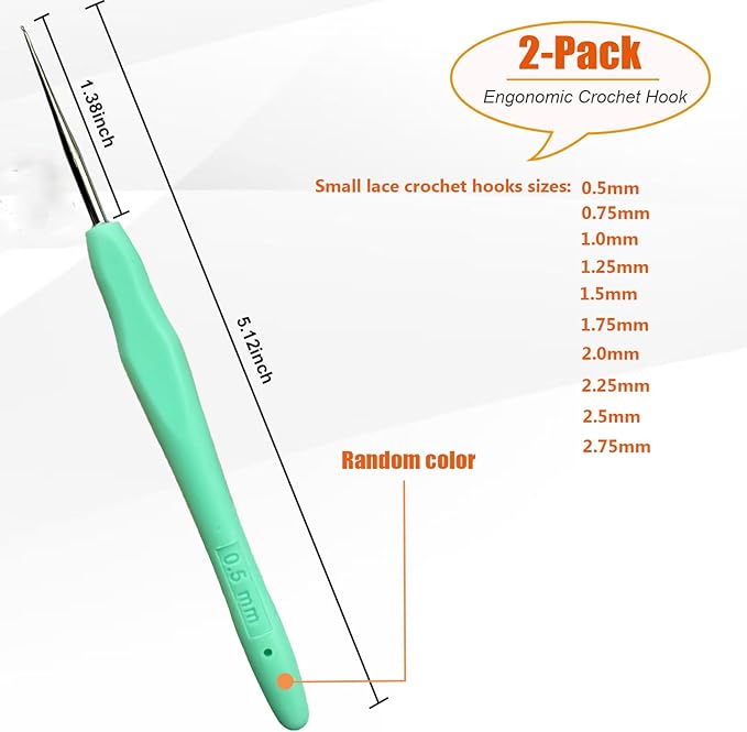Mdoker 2PCS Small Size Crochet Hook Ergonomic Handle Crochet Hook Needles for Arthritic Hands,Thread Crochet Steel Lace Hooks Size 0.5mm