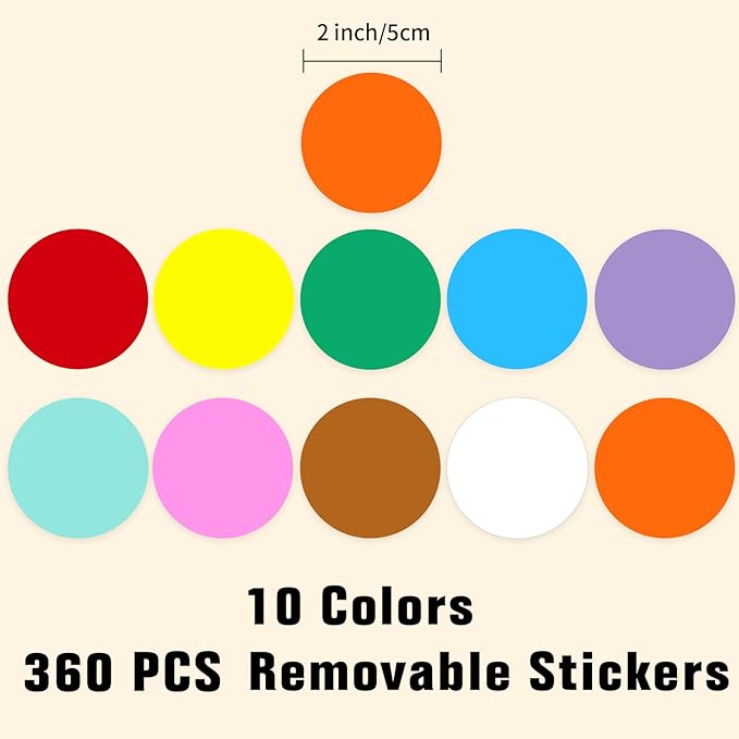 2" Round Large Colored Removable Stickers Labels - 10 Colors,Pack of 360