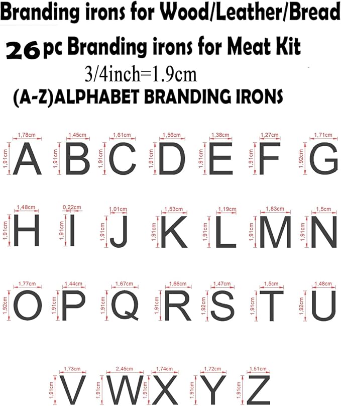 26 Pcs 3/4" Letter Branding Iron for Wood, Hats, Leather, Alphabet Branding Iron for BBQ Steak Bread & Personalized Gifts, with Wooden Box and 2 Handles (3/4" Alphabet A-Z)