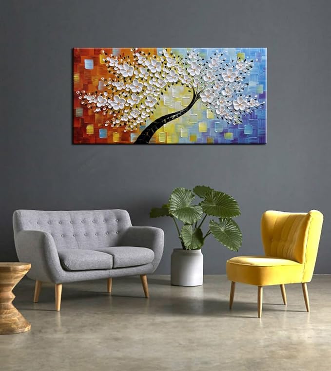 YaSheng Art -hand painted White Flowers Paintings Oil Painting On Canvas Abstract Texture Palette Knife Tree Paintings Modern Home living room Bedroom Dining Room Wall Decor Ready to hang 20x40inch