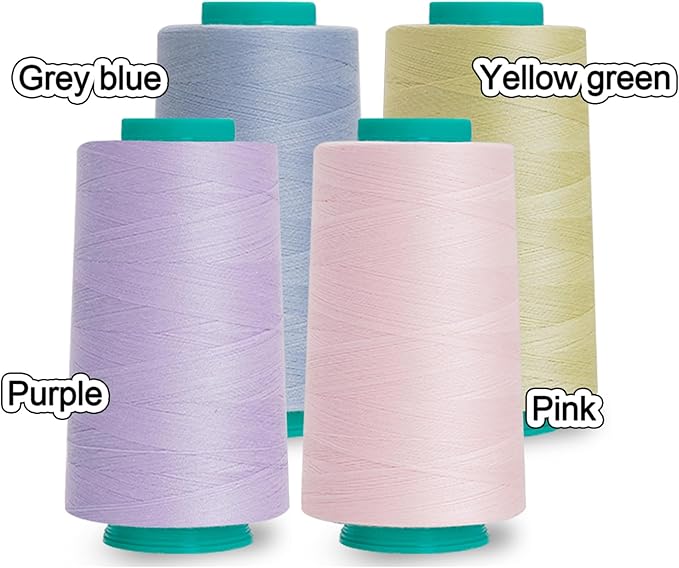 Serger Thread, All-Purpose Sewing Thread Polyester,4 Cones of 3000 Yards Each Spool,Cone Thread for Sewing Machine,140S/2 (Grey Blue,Yellow Green,Purple,Pink)