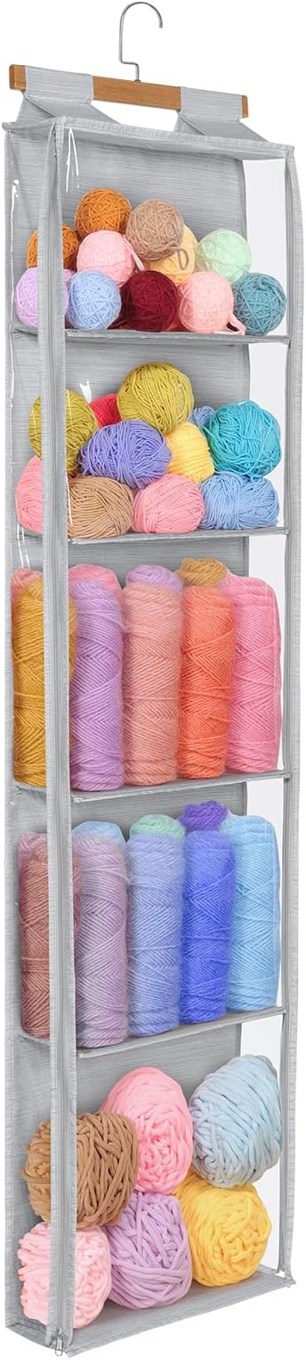 Hanging Yarn Storage with 5 Large Pockets, Clear Knitting Organizer Storage with Zippers for Crochet Lovers, Hanging Yarn Holder with Over-Door Hooks for Knitting Needles Crochet Hooks, Grey