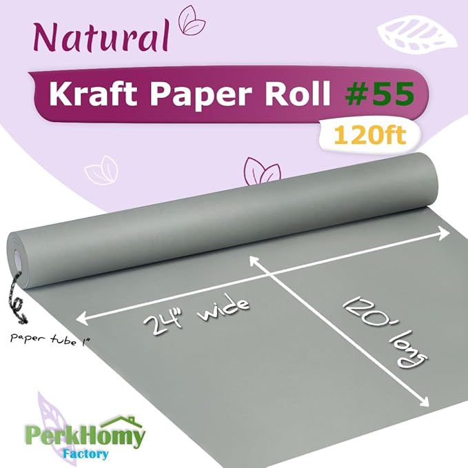 PerkHomy 24" x 1,440" (120') Light Grey Kraft Paper Roll for Craft Bulletin Board Paper Art Table Covering Crafting Gift Wrapping Bouquet Packing Parcel 80GSM 55LB (Light Grey, 24" x 120')