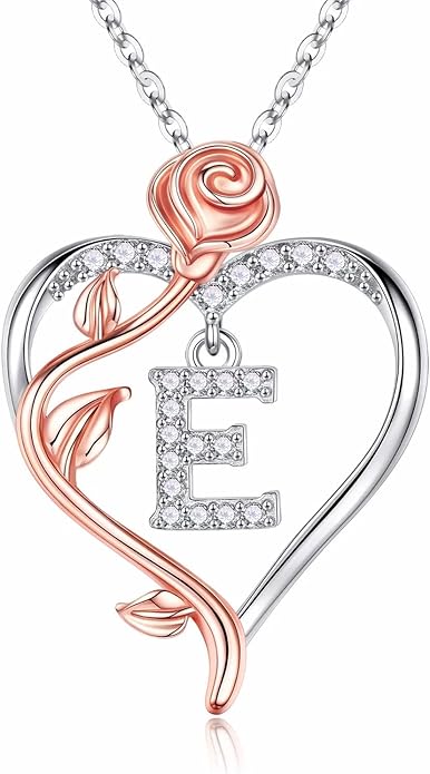 Iefil Christmas Gifts for Women Wife - 925 Sterling Silver Rose Heart Initial Necklace, Anniversary Birthday Gifts for Women, Jewelry Gift for Her Wife Girlfriend Mom Daughter