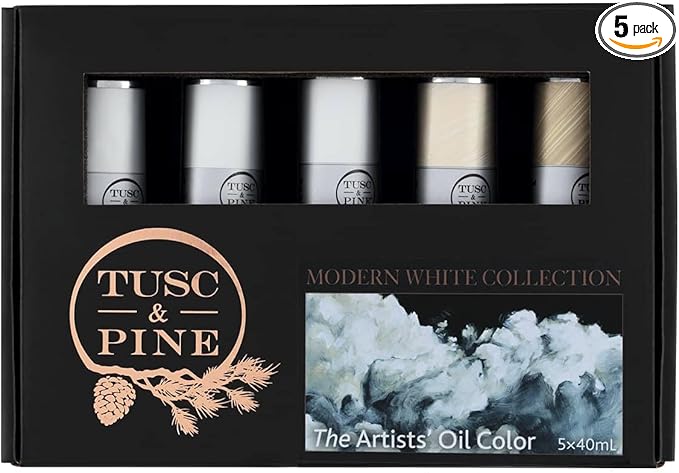 Tusc & Pine Artist Oil Paint - 40 ml Set of 5 - Modern White - Non-Yellowing, Rich & Creamy Consistency, Maximum Pigment Load, Small Batch Milled Oil Paints Developed for Professional Artists