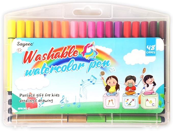 SAYEEC Washable Marker Coloring Pens Set, 48 Assorted Colors Drawing Pens, Medium Point Art Watercolor Marker Set with Storage Case for Adult Coloring Books Manga Comic Calligraphy Sketching