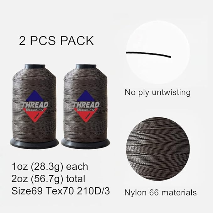 Sissewpro 1oz 375 yds Each 2 Pack Tex70 Bonded Nylon Thread 69 Upholstery Thread Heavy Duty Threads for Leather Sewing Machine, Beading, Hair Weaving, Denim, Canvas,Webbings 2oz Total（2, Coffee ）