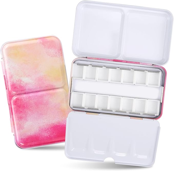 Pink Watercolor Tin Palette with 14 Empty Half Pans - Sturdy Travel Palette for Gouache, Watercolor, Acrylic Painting