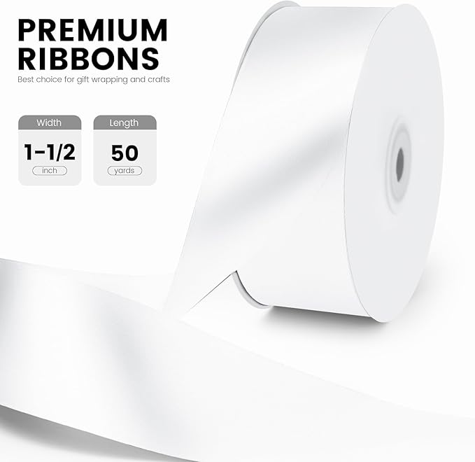 1-1/2" x 50 Yards Satin Ribbon - White Silk Ribbon with Spool - Ideal for Gift Wrapping, Floral Bouquets, Crafts, Wedding Party Decorations, Christmas and Sewing Projects