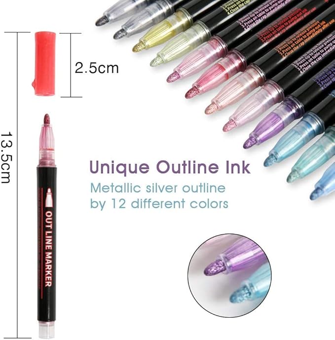 12Colors Super Squiggles Shimmer Markers, Self-outline Metallic Markers for Painting, Drawing, Gift Cards
