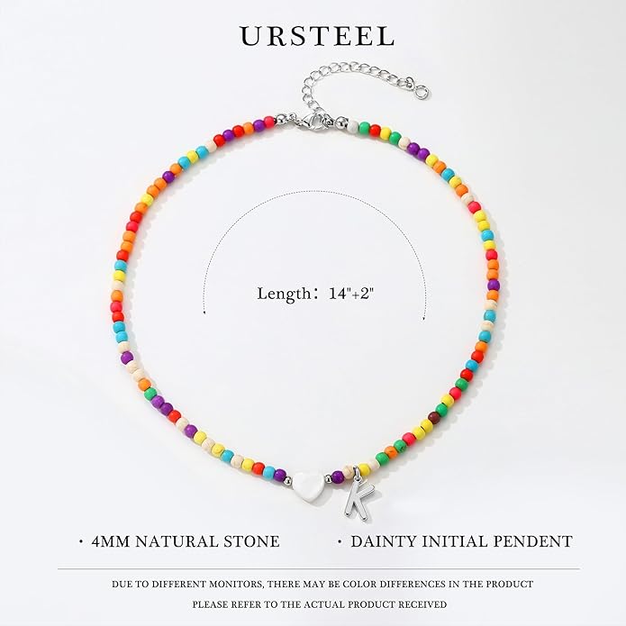 Ursteel Colorful Initial Cute Necklaces for Girls - Trendy Beaded Choker Necklace for Women Teen Girl, Handmade Letter Necklace Valentines Galentine Gifts for Women Girls Jewelry