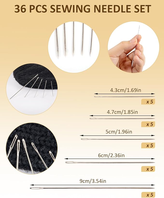 36 Pcs Sewing Tool Set, Premium Big Eye Steel Needles, Threader, Thimble, Seam Ripper & Threads Complete Needle Repair Kit for Hand SewingHand Sewing