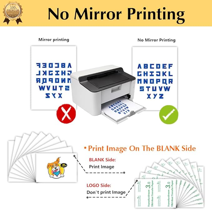 TransOurDream Heat Transfer Paper for Inkjet & Laserjet Printer (40 Sheets, 8.5x11, 3.0) Printable HTV Heat Transfer Vinyl for T Shirts Iron on Transfers for Light Fabrics (L3-40)