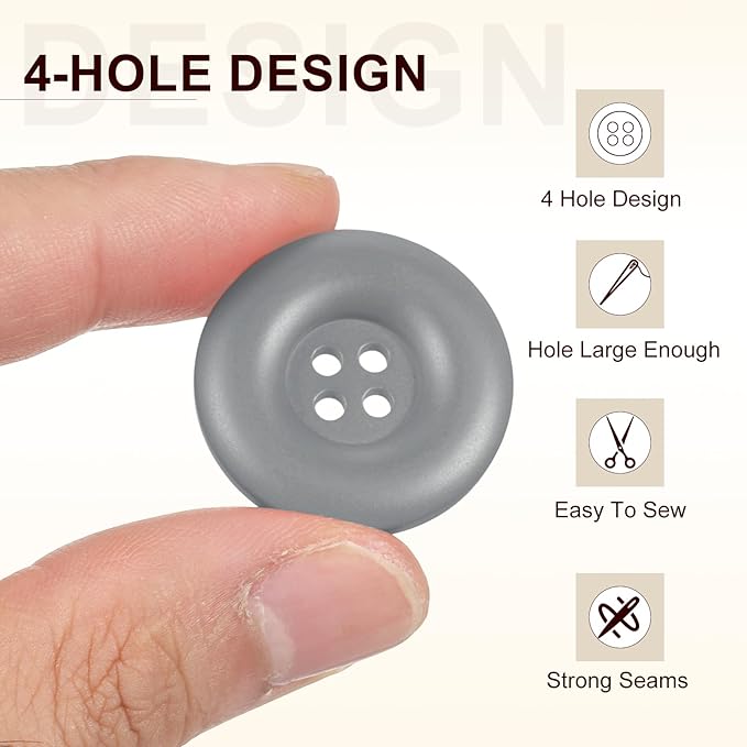 HARFINGTON 50pcs Sewing Button 28mm (1-1/8 Inch) 4 Holes Resin Thickened Round Crafting Replacement Buttons for Clothing DIY Crafts Decoration, Gray