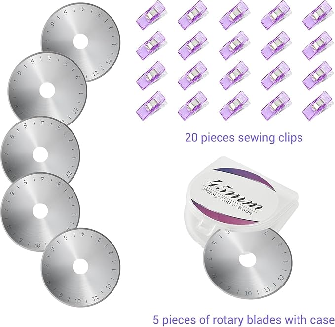 Headley Tools Rotary Cutter Set - 45mm Fabric Cutter, 5 Extra Rotary Blades, A1 Cutting Mat, Quilting Ruler and Sewing Clips, Craft Knife Set, Ideal for Crafting, Sewing, Patchworking, Purple