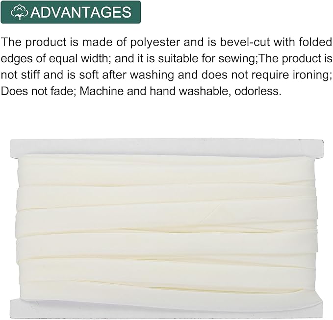 MECCANIXITY 1/2 Inch Double Fold Bias Tape Continuous Bulk Cotton Bias Tape for Sewing Seaming Quilting Hemming Binding Crafts (Light White 25 Yards)