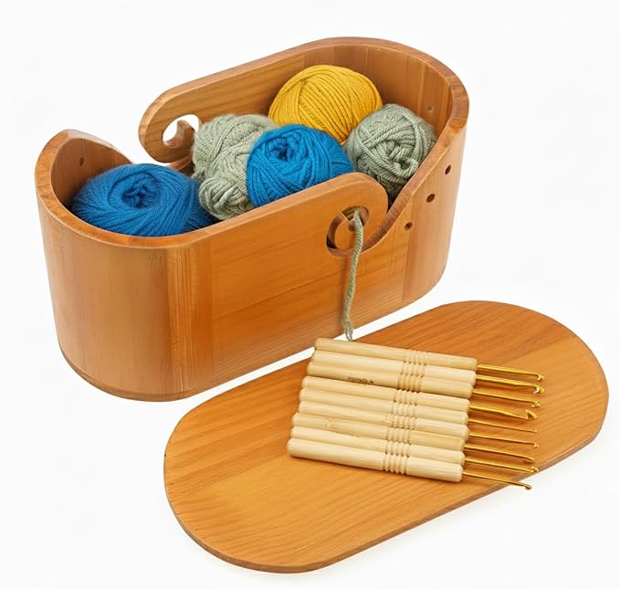 Wooden Oval Yarn Bowls for Crocheting, Handmade Crochet Bowls with Lid and 9 Pcs Knitting Hooks, Knitting Lovers Yarn Storage Bowl for Handmade Knitting Yarn Lovers (Original Wooden Color)
