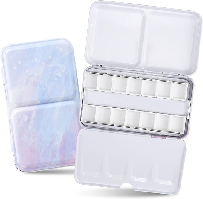 HAUSTG0 Metal Watercolor Palette - Empty Tin with Paint Tray and 14 Half Pans - Travel Palette with Lid