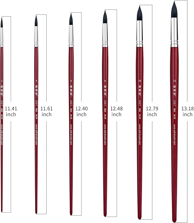 XDT#960 Round Watercolor Artist Paint Brush 6 Piece Set Medium Soft Mixed Goat Extra Long Handle #2#4#6#8#10#12, Mop Style Paint Brush for Watercolor & Acrylic & Oil