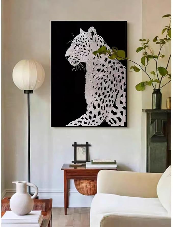 Modern Black and White Leopard Wall Art Canvas, Large Contemporary Wildlife Home Decor, 24x36 inches