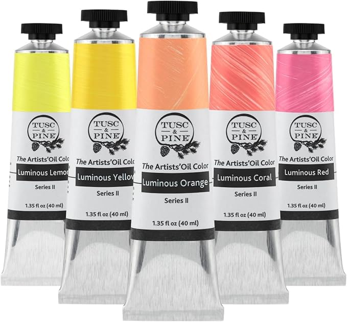 Tusc & Pine Artist Oil Paint - Warm Luminous Set of 5 Assorted Colors, 40 ml each, Non-Yellowing, Rich & Creamy Consistency, Maximum Pigment Load, Small Batch Milled Oil Paints Made in the USA