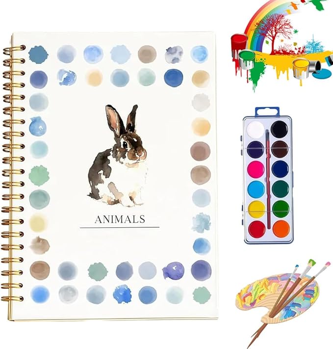 Clhjinruoliu Water Color Workbook, Animals Flowers Ocean Water Coloring Book, Nature Scenes Paint Set Art Crafts,Beginner-Friendly Watercolor Workbook, with 12 Colors Paint Set with Paints Brush,Anima