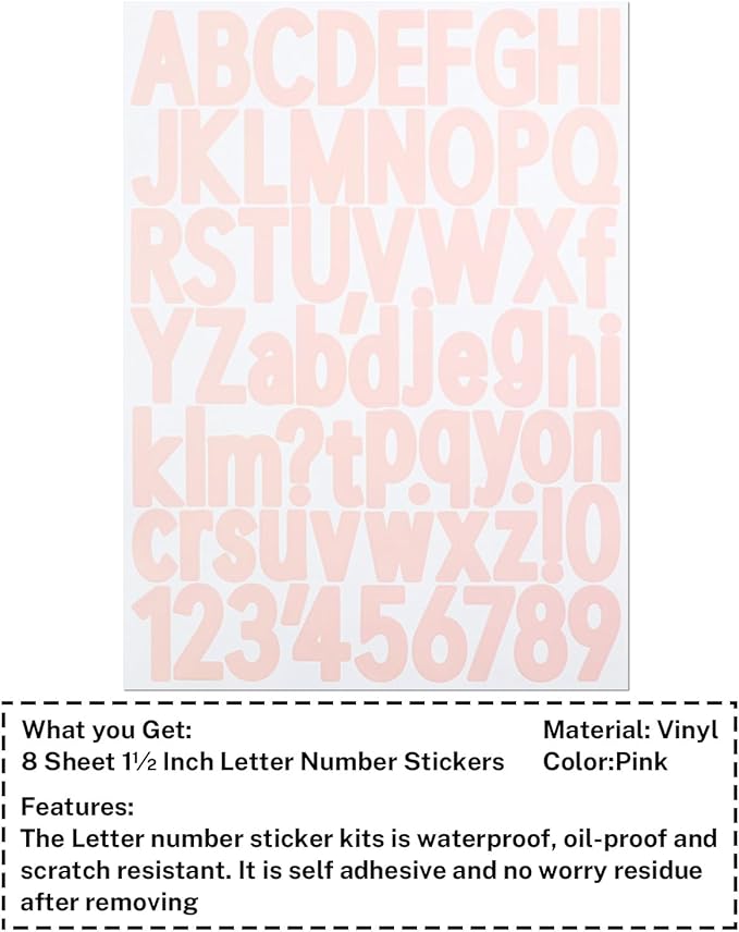 1.5 Inch Letter Stickers, 544 Pieces Alphabet Number Symbol Stickers for Scrapbooking, Sign, Water Bottle, Self-Adhesive Vinyl Letter Sticker Decals for Arts&Crafts - 8 Sheets,Pink