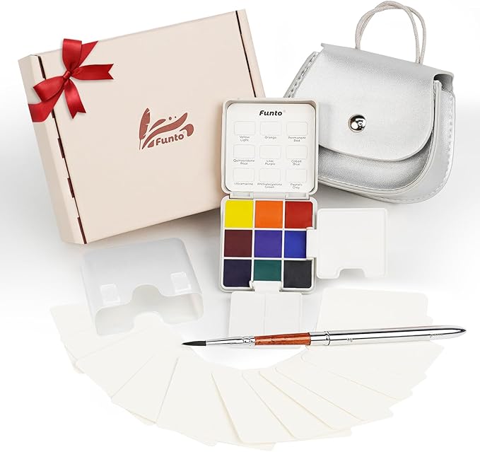 Funto Mini Watercolor Set Travel Kit with 9 Colors, Leather Bag & Watercolor Paper, Portable Drawing & Painting Supplies for Beginners, Art Gift Set
