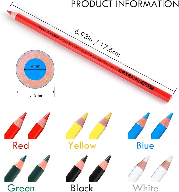 12 PCS Tailors Pencil Set, Sewing Fabric Pencils and Fabric Marker Pens for Quilting, Sewing, Dressmaking Supplies, Water-Soluble, 6 Colors, Includes 2 Sharpeners