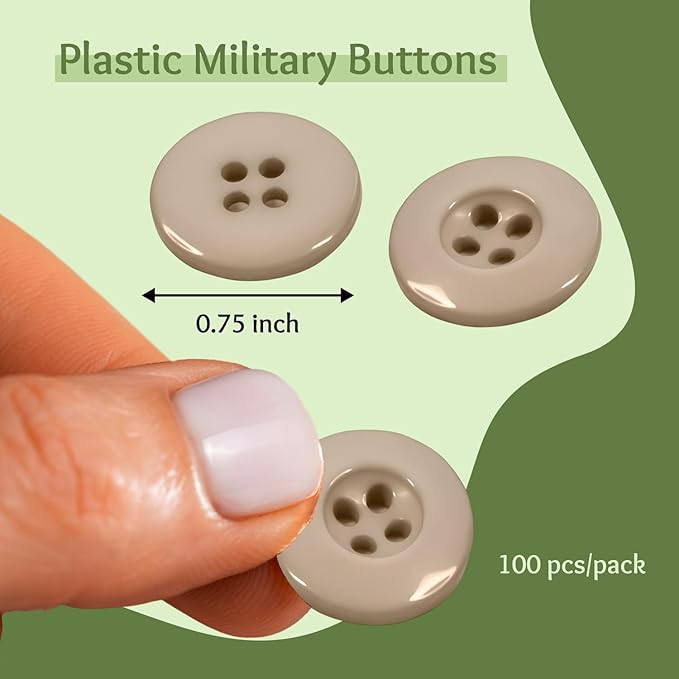 100 Pcs Tan Buttons for Sewing 0.75 inch Glossy Buttons for Uniform 3/4" 30L Plastic Military Beige 4 Hole 19mm Ideal for Workwear School Chef Aprons Pants Jacket Bags Accessories Craft DIY