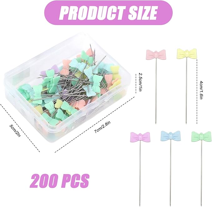 200pcs Colored Sewing Pins for Fabric Flat Head Straight Pins with Storage Box Quilting Pins Fixed Sewing Marker Needle for Dressmaker,Sewing Project,Jewelry Making, DIY Craft (Bow tie)