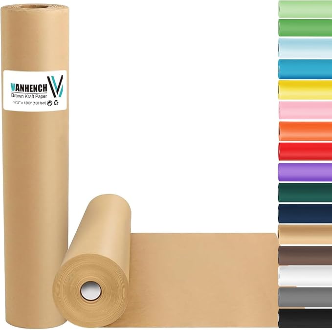 Vanhench Brown Wrapping Paper Roll, Craft Kraft Packing Paper 17.5"x 1200"(100') for Birthday Valentines Gift Bulletin Board Arts Bouquet Flower Table Covering Poster Shipping Supplies 70GSM 50LB