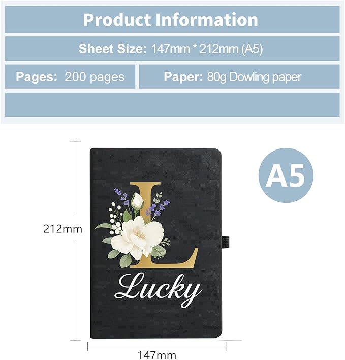 Monogrammed Journal with Pen Set, Initial L - Inspirational Gifts for Women, A5 Hardcover Notebook for Writing with Lucky Floral Design, 192 Lined Pages, 8.3x5.8 (Black Cover)