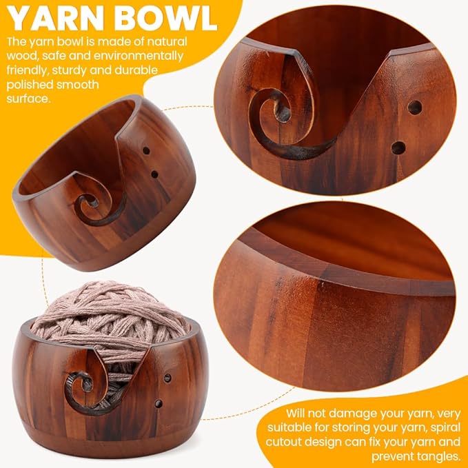 Yarn Bowl Holder, Wooden Knitting Bowl with 6pcs Crochet Hooks, 50pcs Crochet Stitch Markers, Large Yarn Holder Dispenser for Mom & Knitting Lovers