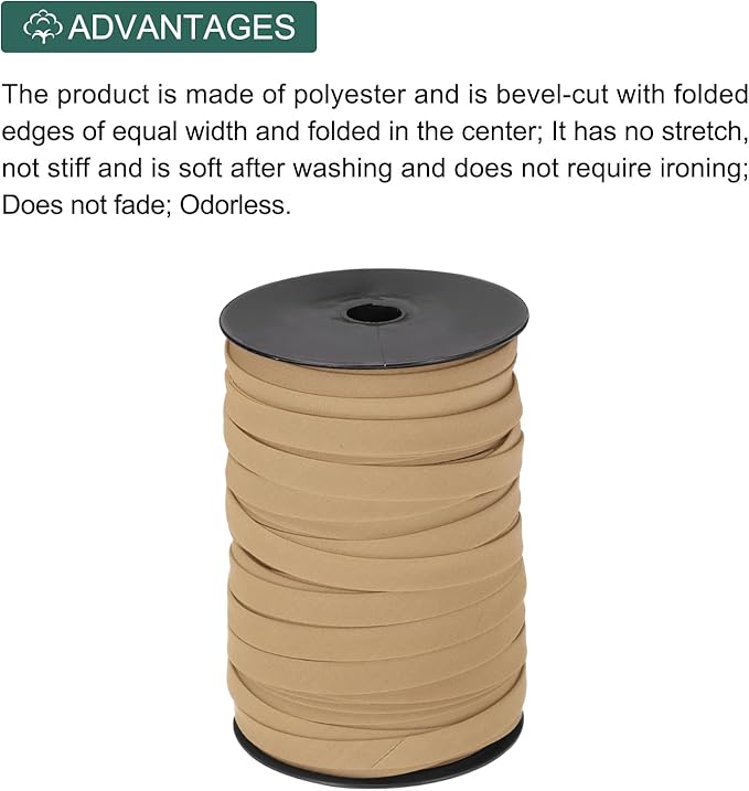 MECCANIXITY 1/2 Inch Double Fold Bias Tape Polyester Continuous Bulk Bias Tape for Sewing, Seaming Quilting Hemming Binding Crafts (Khaki 100 Yards)