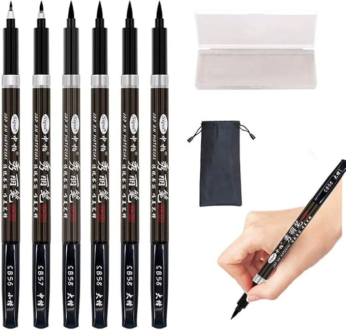 Calligraphy Pens Set for Beginners, Hand Lettering Pens Brush Drawing Markers Kits Chinese Japenese Pens Black Ink for Journaling, Writing, Art Drawing, 3 Size(Pack of 6)
