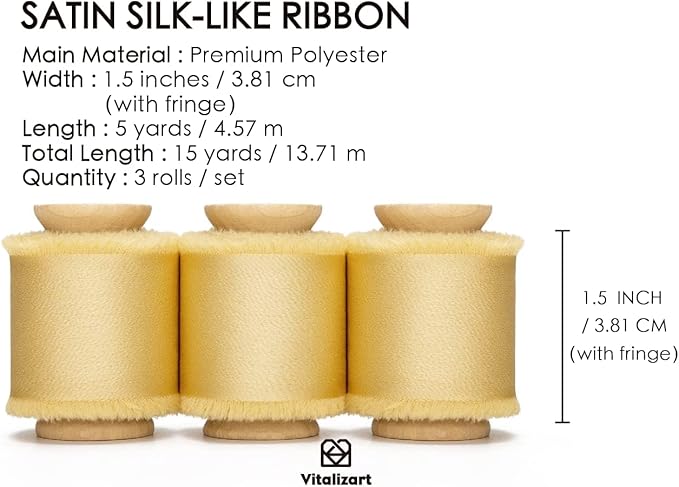 Vitalizart Gold Ribbon Silk Satin 1-1/2 inch x 15 Yard Metallic Handmade Frayed Ribbons for Gift Wrapping Baby Shower Wedding Bridal Bouquets Holiday Decor
