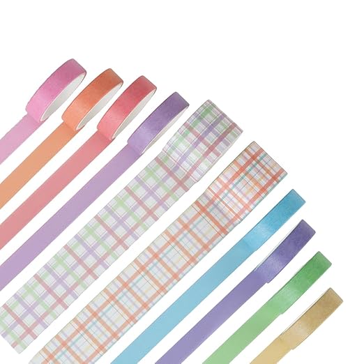 10 Rolls Washi Tape Set, Solid Color & Grid Decorative Tapes for Journals, Scrapbooking, Gift Wrapping, Decor & Crafts (Macaron)