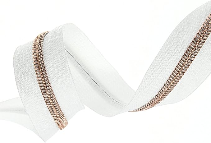 #5 Rose Gold Metallic Nylon Coil Zipper by The Yard, Bulk 10 Yards White Tape with 25PCS Rose Gold Zippers Pulls for Sewing, Bags, Purses YIGUANXIN