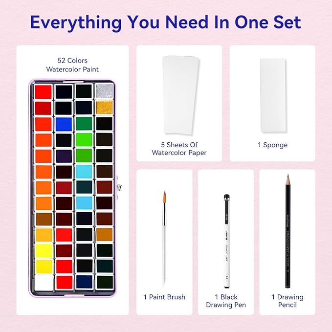 Travel Watercolor Set, 52 Colors Watercolor Paint with 1 Drawing Pencil, 1 Paint Brush, 5 Watercolor Paper, 1 Sponge & 1 Black Drawing Pen, Water Colors Paint Adults Set, Purple Case