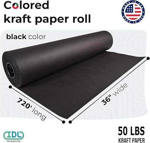 Black Kraft Paper Roll 36" x 8640" (720 feet) - Quality USA-Made Large Paper Roll 50lb Thickness for Packing, Moving, Shipping & Crafts/Art - 100% Recyclable Natural Wrapping Material by IDL Packaging