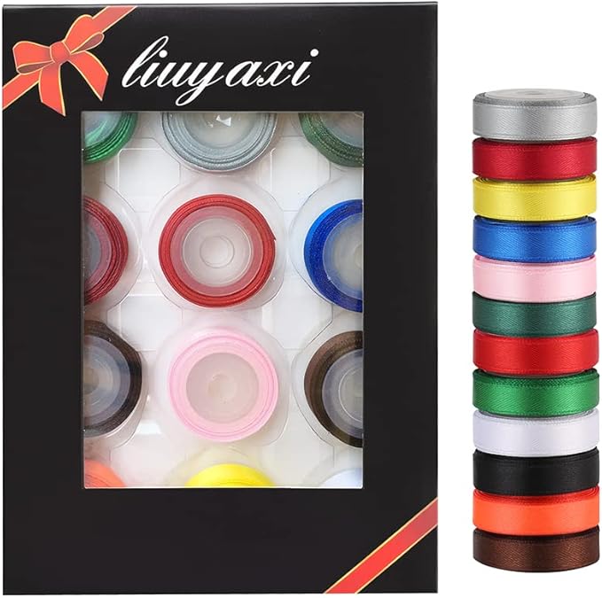 Solid Color Satin Ribbon 12 Colors 2/5" X 5 Yard Each Total 60 Yds, Ribbons Perfect for Crafts, Hair Bows, Gift Wrapping, Wedding Party Decoration and and More