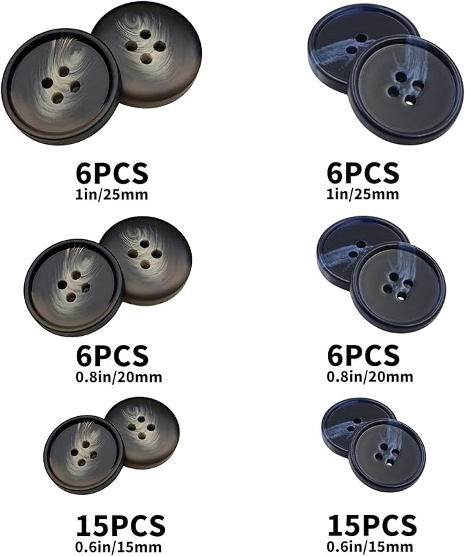 Assorted Buttons for Sewing Crafts,135Pcs 4-Hole Round Blazer Buttons, 5 Color 3 Size (15mm, 20mm, 25mm) Resin Button for Suit,Shirt,Coats,Clothes Sewing,DIY Craft (Black,White,Blue,Coffee Color)