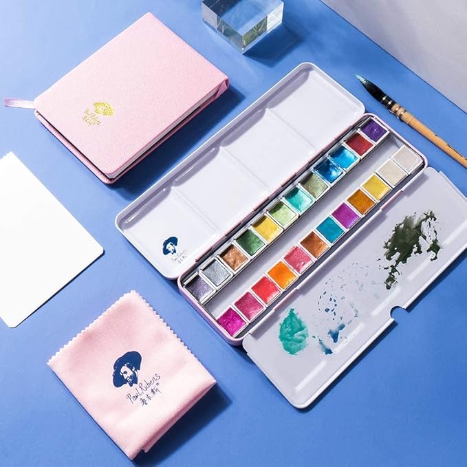 Paul Rubens Watercolor Paint Artist Grade 24 Colors, Metallic Glitter Watercolor Paints Set Solid Cakes with Palette and Watercolor Journal for Artists Painters