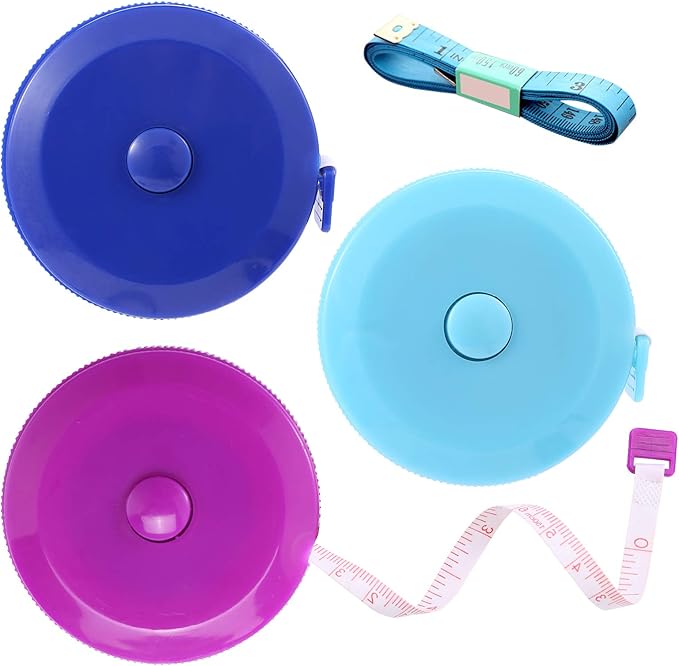 Measuring Tape Retractable, 60 Inch Soft Fabric Tape Measure for Body, Push Button Sewing Measurement Tape for Cloth Waist(3 Pack/Blue Purple Sky Blue)