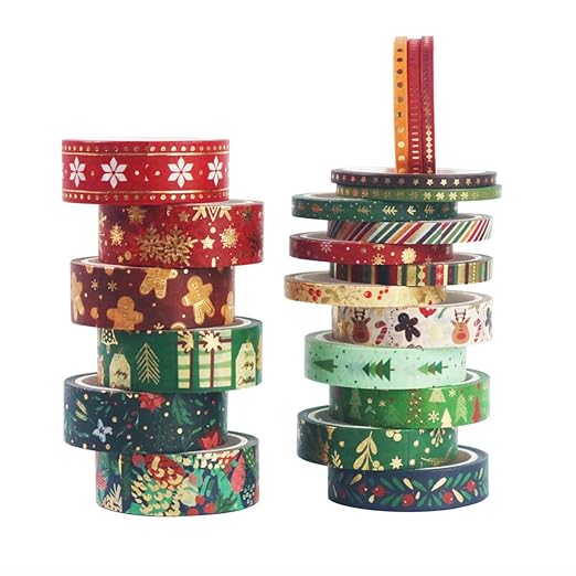 21 Rolls Christmas Gold Foil Washi Tape - Holiday Decor with Snowflake, Deer, Tree Designs - Self-Adhesive Tape for DIY Crafts, Wrapping,Scrapbooking Party Favors