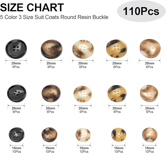 110Pcs Mixed Sewing Buttons, 4-Hole Craft Round Blazer Buttons, 5 Color 3 Size (15mm, 20mm, 25mm) Suit Coats Resin Button, Suitable for Variety Clothing Sewing, DIY Craft (Coffee Color)
