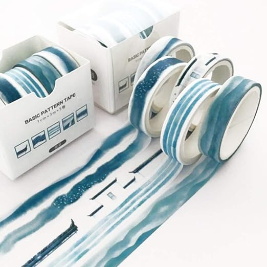 YUBX 5 Rolls Washi Tape Set Creative Basic Skinny Decorative Tapes for Arts, DIY Crafts, Journals, Planners, Scrapbooking, Wrapping (Ink Blue)