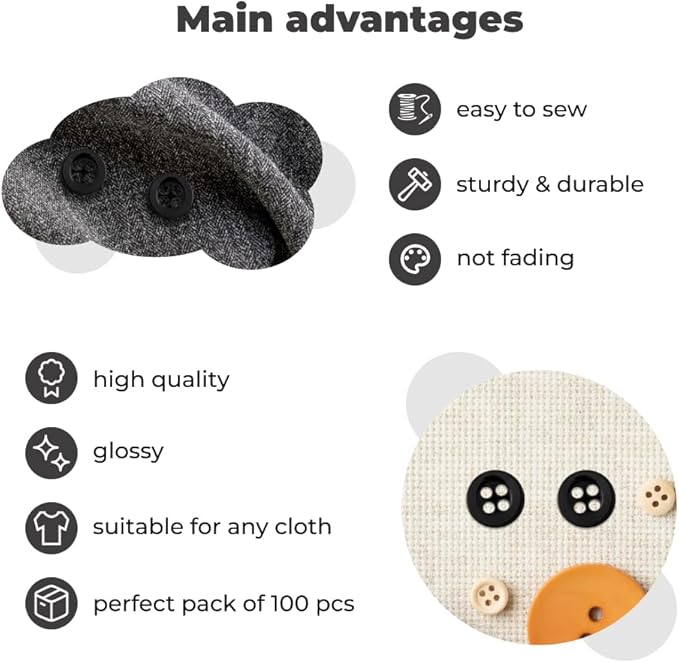100 Pcs Black Sewing Buttons 4 Hole Round Buttons 0.4 inch 16L Plastic 10mm Black Replacement Bulk Ideal for Clothes Pants Blouse Shirt Dress Skirt Shorts Decorative DIY Arts Crafts